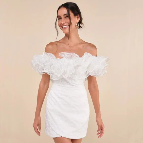 NWT Lulus Angelic Trend White Embroidered Ruffled One-Shoulder Mini Dress - Picture 1 of 5